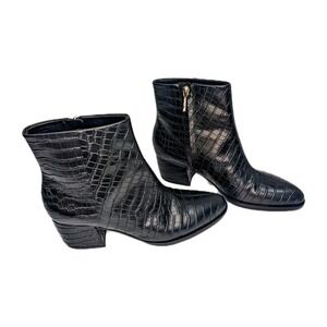 J. McLaughlin Gwyneth Leather Bootie Size 8 Croc-Embossed Black Heel Gold Zip